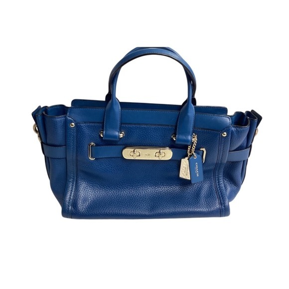 Coach Swagger Satchel‎ Pebble Leather Handbag Crossbody Bag Blue Purse - Picture 1 of 16